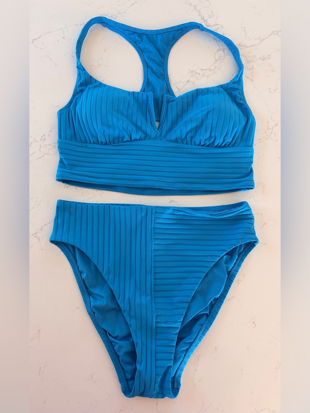 Sanctuary Swim Ribbed high rise longline Bikini Set in Blue Moon